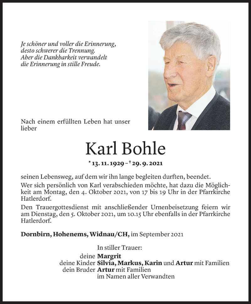  Todesanzeige für Karl Bohle vom 01.10.2021 aus Vorarlberger Nachrichten