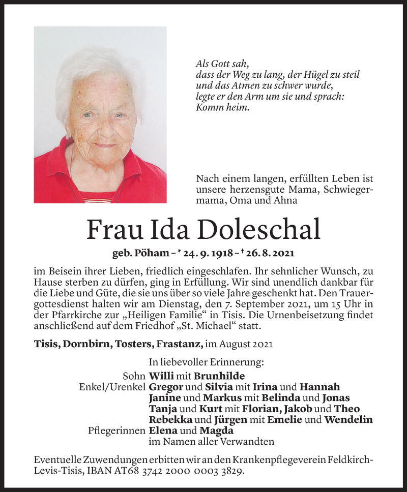  Todesanzeige für Ida Doleschal vom 03.09.2021 aus Vorarlberger Nachrichten