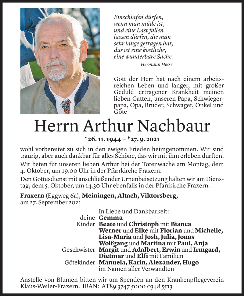  Todesanzeige für Arthur Nachbaur vom 01.10.2021 aus Vorarlberger Nachrichten