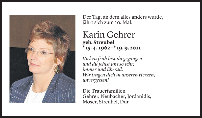  Todesanzeige für Karin  Gehrer vom 18.09.2021 aus Vorarlberger Nachrichten