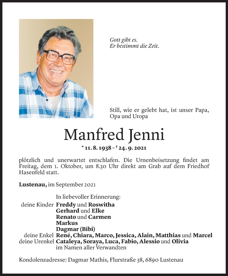  Todesanzeige für Manfred Jenni vom 28.09.2021 aus Vorarlberger Nachrichten