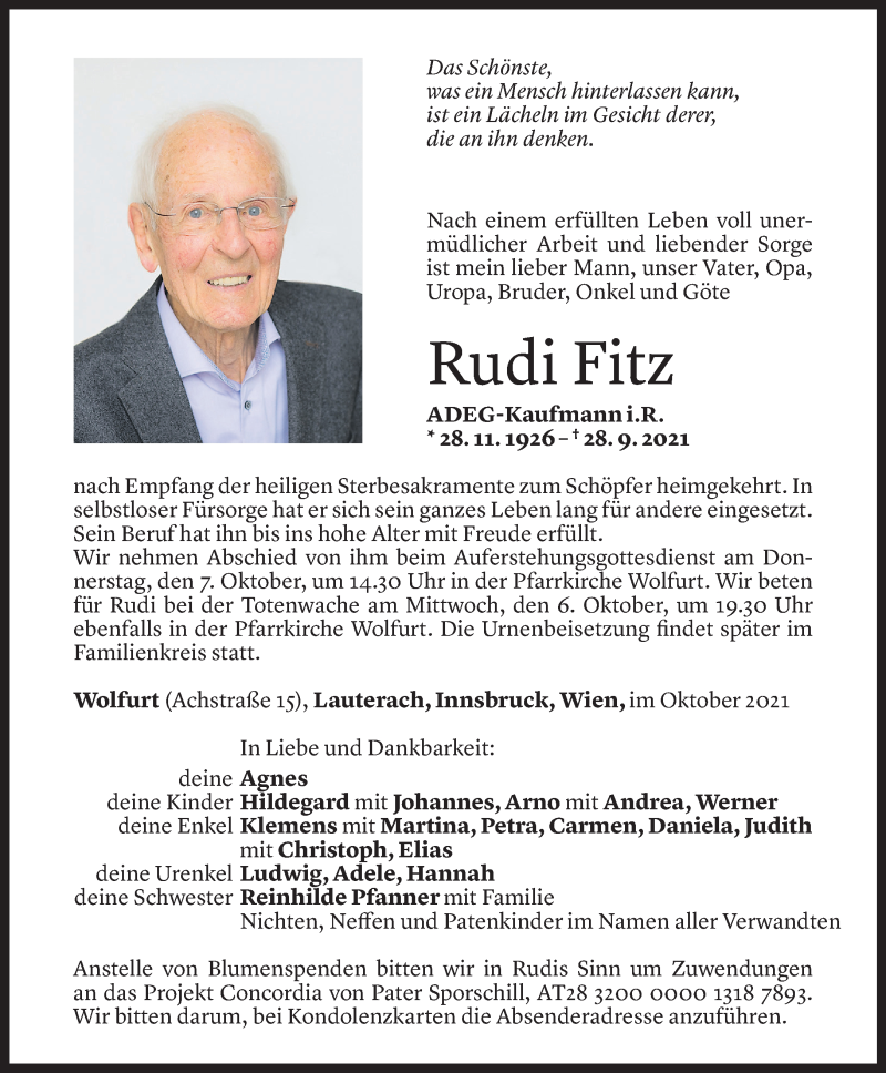  Todesanzeige für Rudi Fitz vom 30.09.2021 aus Vorarlberger Nachrichten