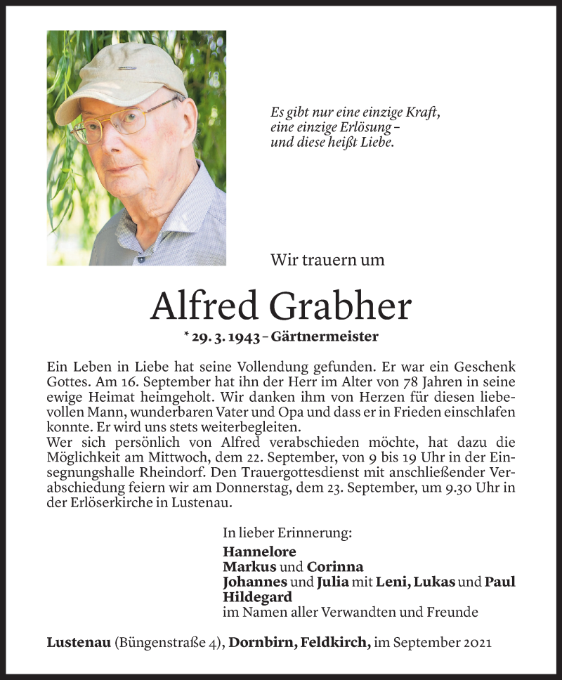  Todesanzeige für Alfred Grabher vom 20.09.2021 aus Vorarlberger Nachrichten