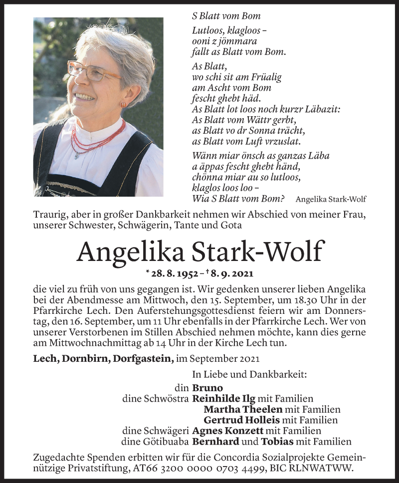  Todesanzeige für Angelika Stark-Wolf vom 13.09.2021 aus Vorarlberger Nachrichten