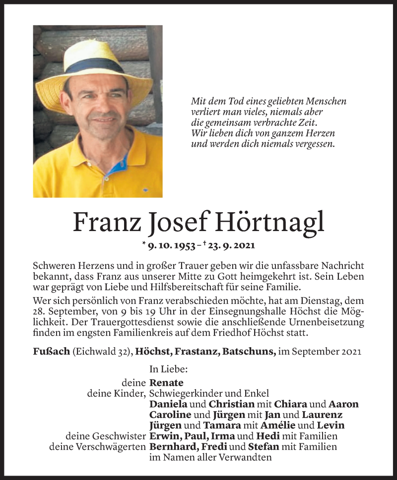  Todesanzeige für Franz Josef Hörtnagl vom 26.09.2021 aus Vorarlberger Nachrichten