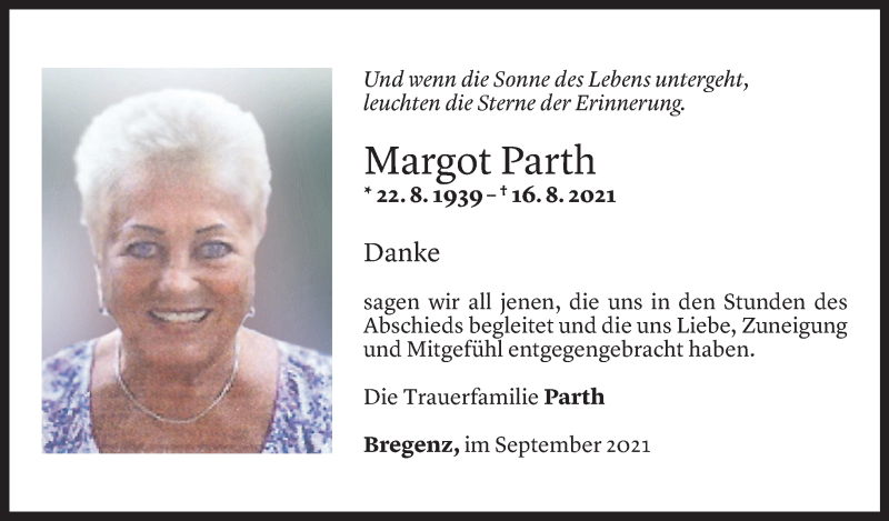  Todesanzeige für Margot Parth vom 28.09.2021 aus Vorarlberger Nachrichten