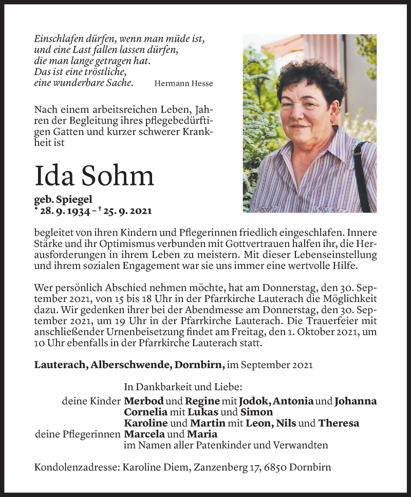  Todesanzeige für Ida Sohm vom 28.09.2021 aus Vorarlberger Nachrichten