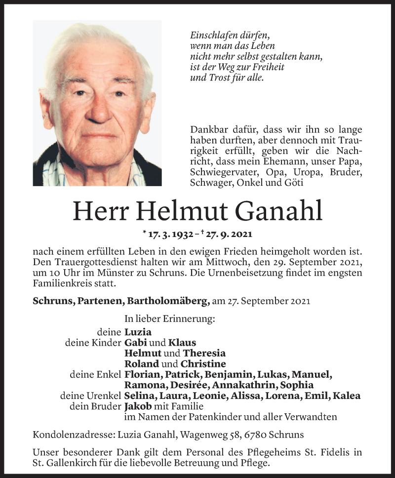  Todesanzeige für Helmut Ganahl vom 27.09.2021 aus Vorarlberger Nachrichten
