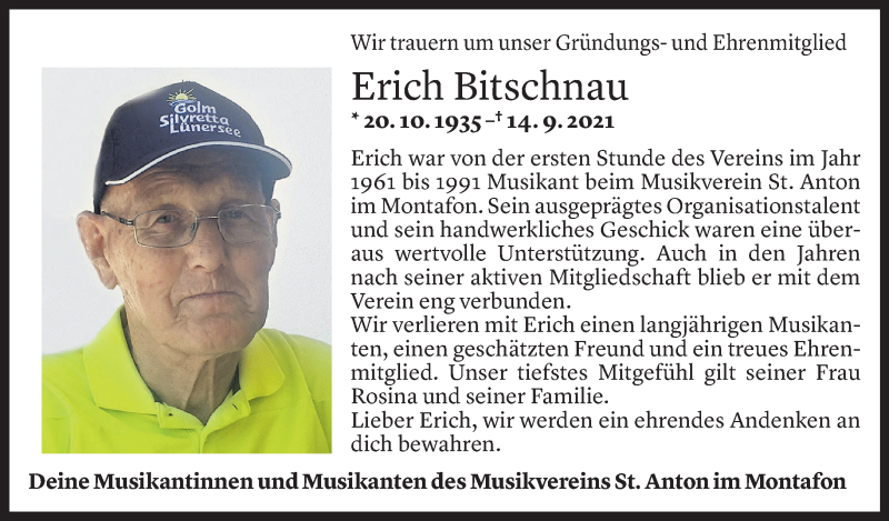  Todesanzeige für Ehrenreich Bitschnau vom 24.09.2021 aus Vorarlberger Nachrichten