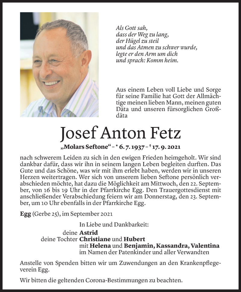  Todesanzeige für Josef Anton Fetz vom 20.09.2021 aus Vorarlberger Nachrichten