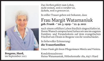 Todesanzeige von Margit Watamaniuk von Vorarlberger Nachrichten