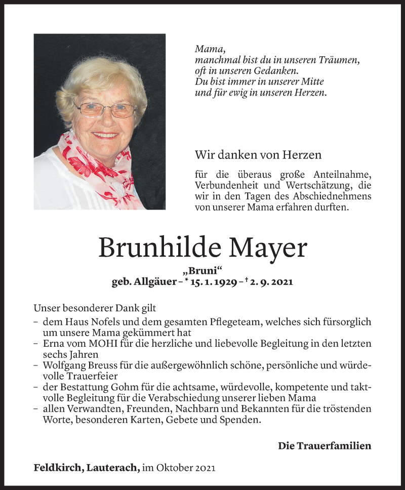  Todesanzeige für Brunhilde Mayer vom 01.10.2021 aus Vorarlberger Nachrichten