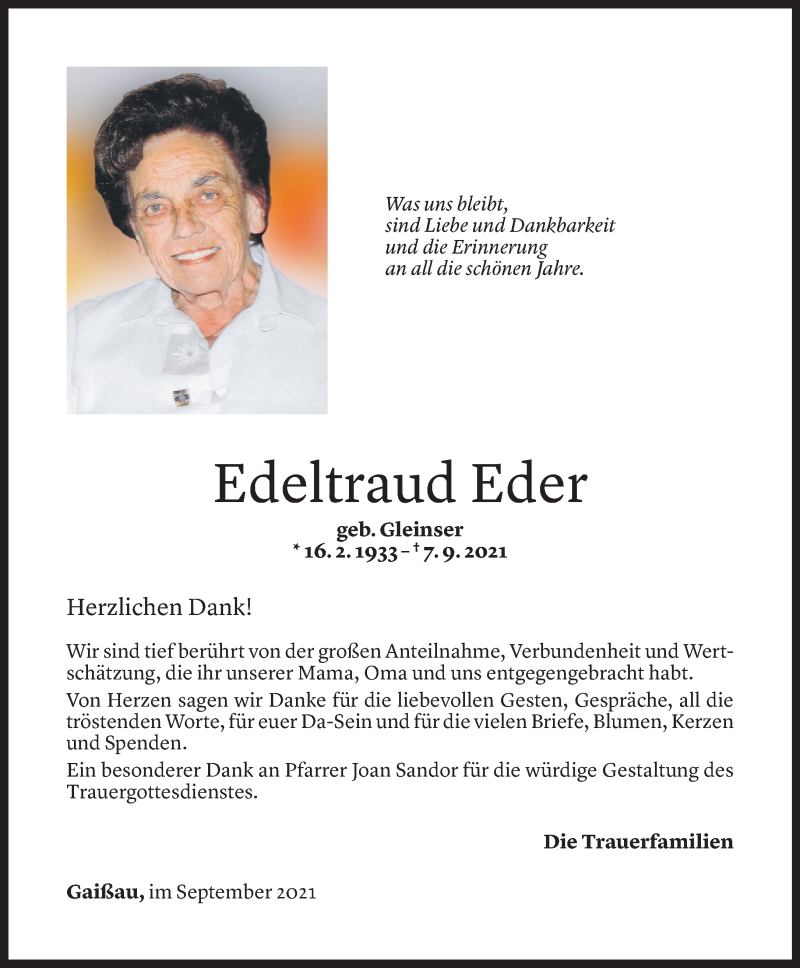  Todesanzeige für Edeltraud Eder vom 23.09.2021 aus Vorarlberger Nachrichten