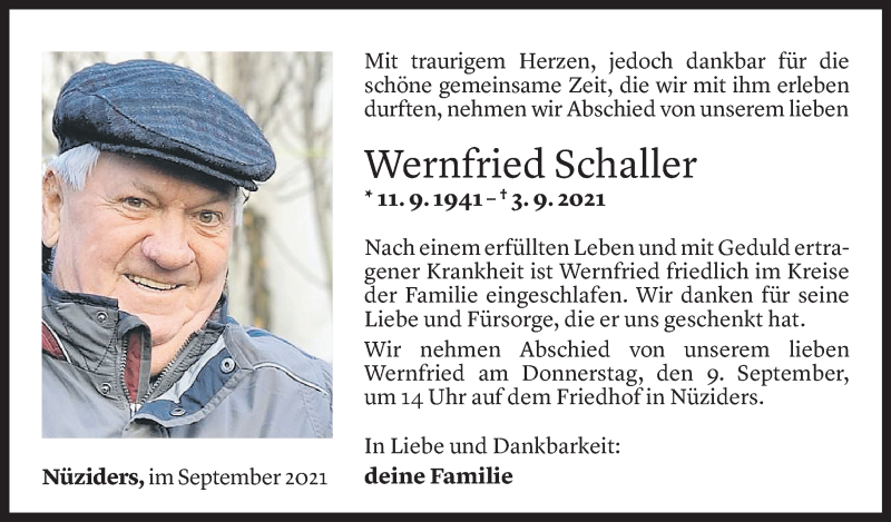  Todesanzeige für Wernfried Schaller vom 07.09.2021 aus Vorarlberger Nachrichten