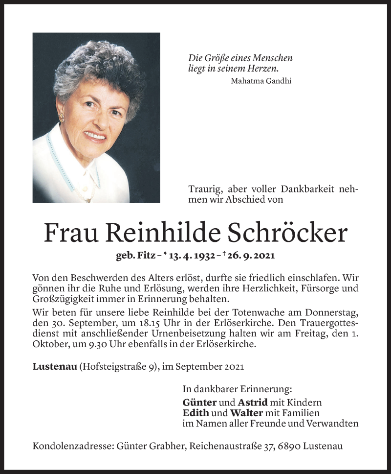  Todesanzeige für Reinhilde Schröcker vom 28.09.2021 aus Vorarlberger Nachrichten