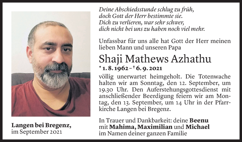  Todesanzeige für Shaji Mathews Azhathu vom 10.09.2021 aus Vorarlberger Nachrichten
