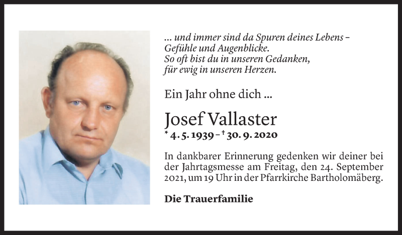  Todesanzeige für Josef Vallaster vom 21.09.2021 aus Vorarlberger Nachrichten