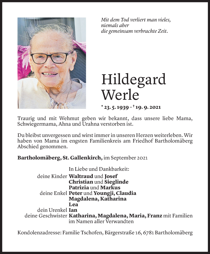  Todesanzeige für Hildegard Werle vom 25.09.2021 aus Vorarlberger Nachrichten