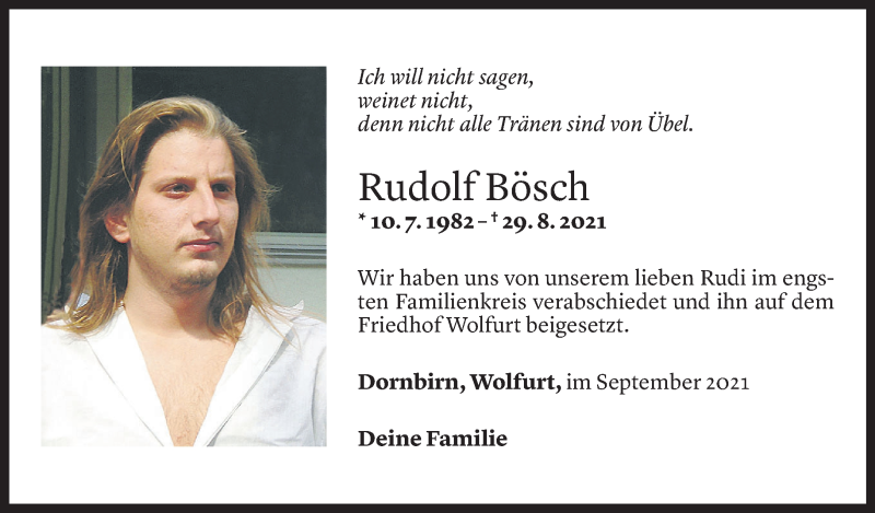  Todesanzeige für Rudolf Bösch vom 15.09.2021 aus Vorarlberger Nachrichten