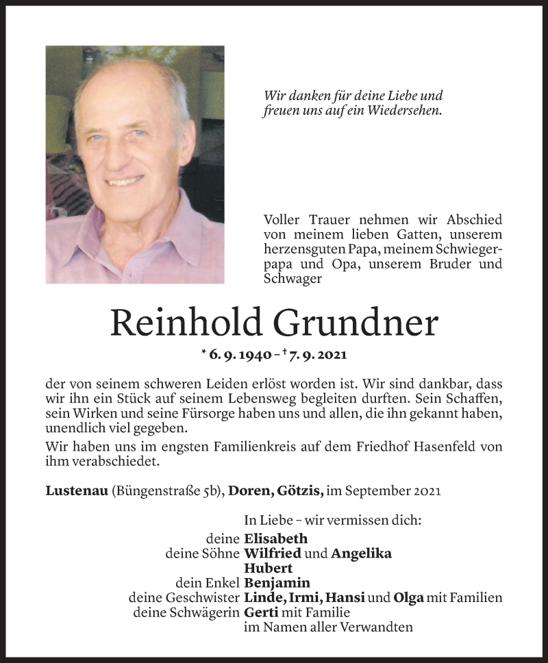  Todesanzeige für Reinhold Grundner vom 14.09.2021 aus Vorarlberger Nachrichten