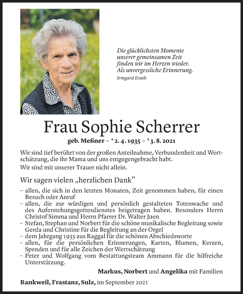  Todesanzeige für Sophie Scherrer vom 18.09.2021 aus Vorarlberger Nachrichten