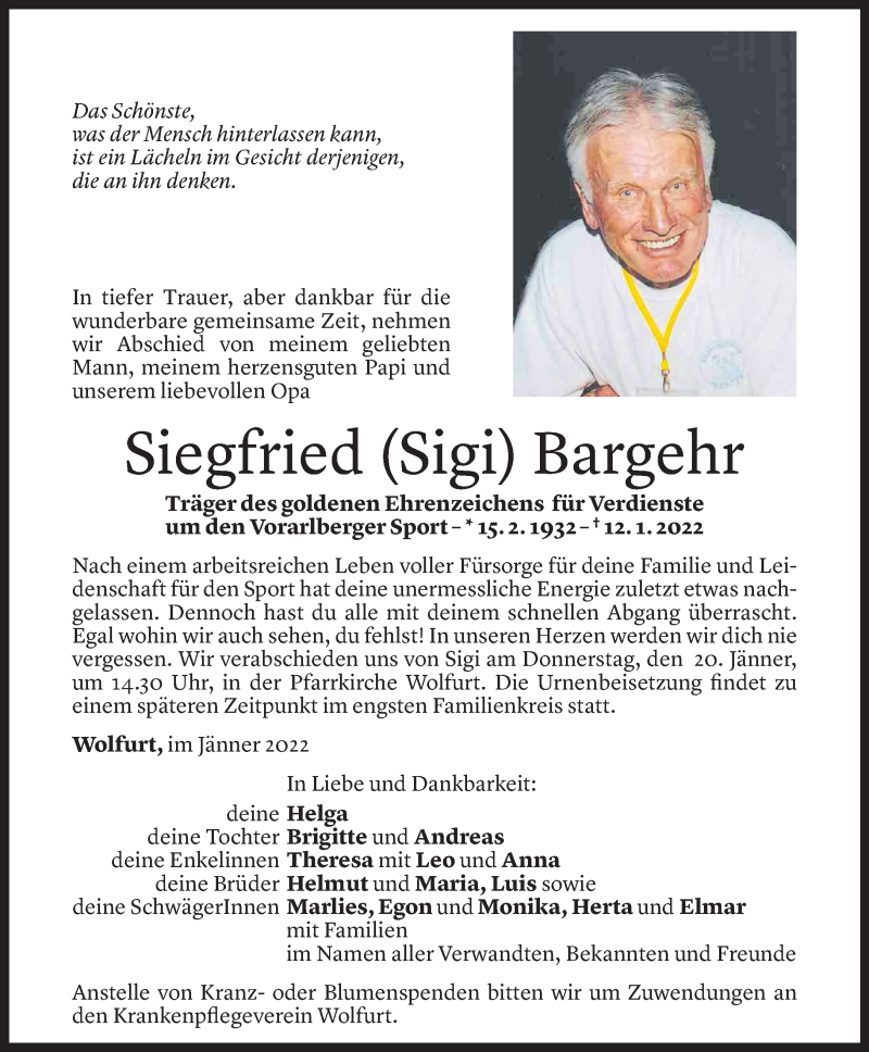  Todesanzeige für Siegfried Bargehr vom 17.01.2022 aus Vorarlberger Nachrichten