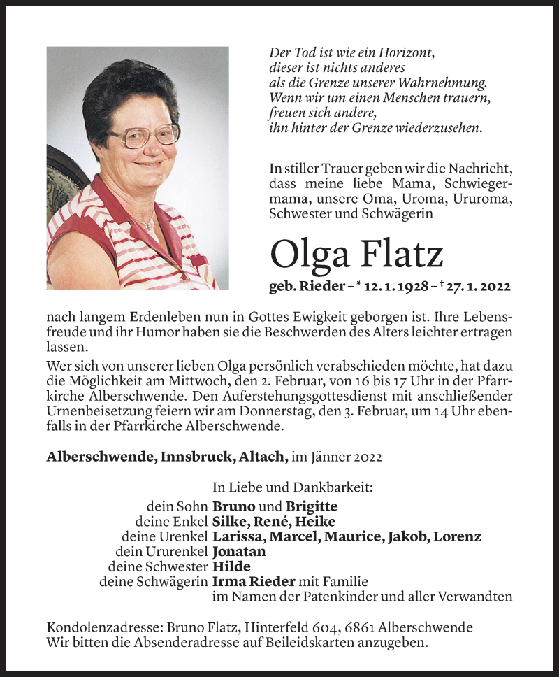  Todesanzeige für Olga Flatz vom 30.01.2022 aus Vorarlberger Nachrichten