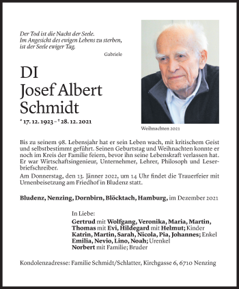 Todesanzeige von Josef Albert Schmidt von Vorarlberger Nachrichten