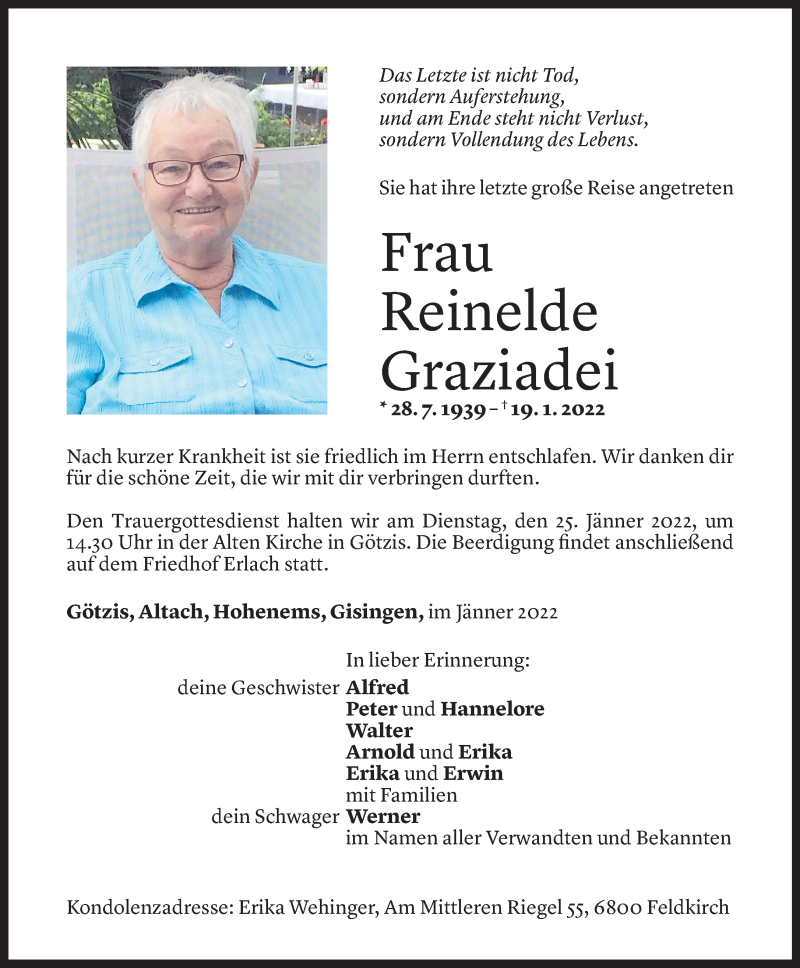  Todesanzeige für Reinelde Graziadei vom 21.01.2022 aus Vorarlberger Nachrichten