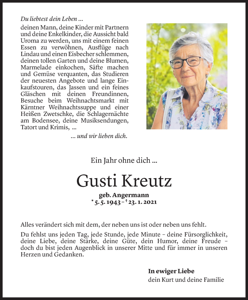  Todesanzeige für Gusti Kreutz vom 21.01.2022 aus Vorarlberger Nachrichten