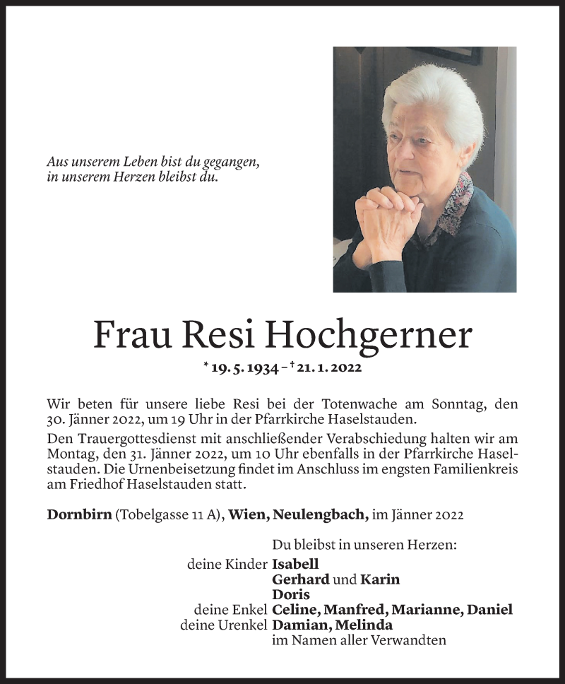  Todesanzeige für Resi Hochgerner vom 28.01.2022 aus Vorarlberger Nachrichten