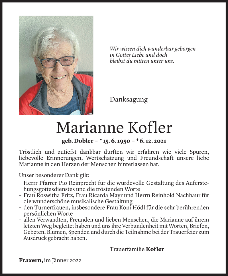  Todesanzeige für Marianne Kofler vom 28.01.2022 aus Vorarlberger Nachrichten