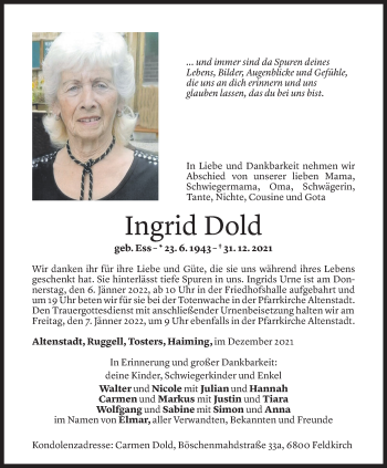 Todesanzeige von Ingrid Dold von Vorarlberger Nachrichten
