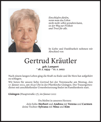 Todesanzeige von Gertrud Kräutler von Vorarlberger Nachrichten