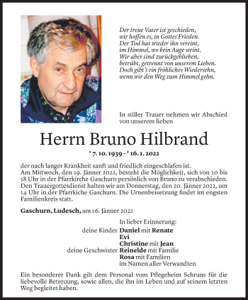 Todesanzeige von Bruno Hilbrand von Vorarlberger Nachrichten