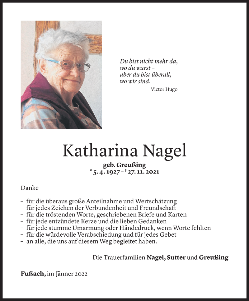  Todesanzeige für Katharina Nagel vom 12.01.2022 aus Vorarlberger Nachrichten