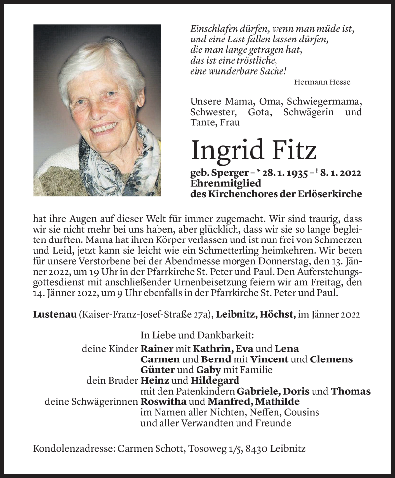  Todesanzeige für Ingrid Fitz vom 11.01.2022 aus Vorarlberger Nachrichten