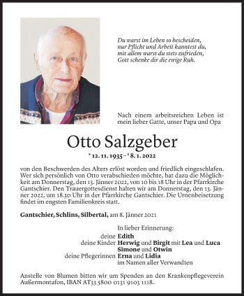 Todesanzeige von Otto Salzgeber von Vorarlberger Nachrichten