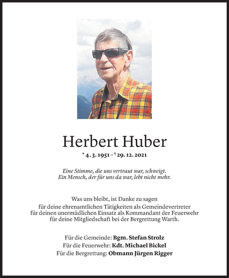  Todesanzeige für Herbert Huber vom 04.01.2022 aus Vorarlberger Nachrichten