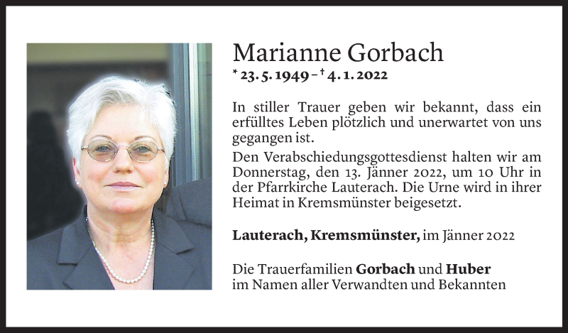  Todesanzeige für Marianne Gorbach vom 07.01.2022 aus Vorarlberger Nachrichten