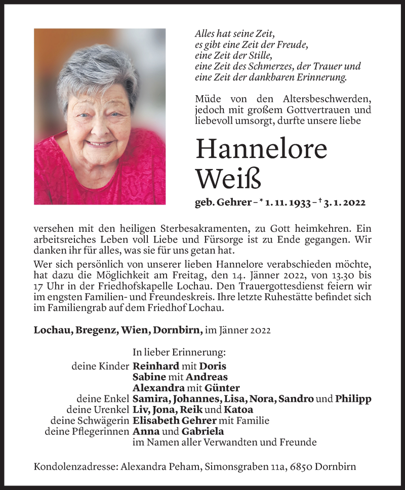  Todesanzeige für Hannelore Weiß vom 11.01.2022 aus Vorarlberger Nachrichten