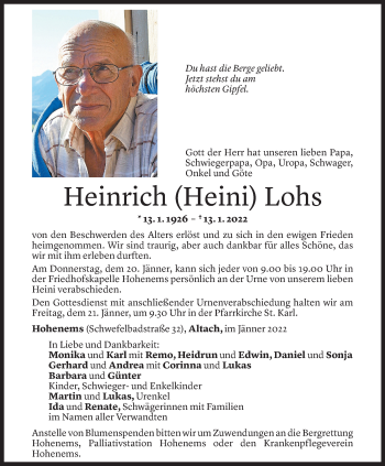 Todesanzeige von Heinrich Lohs von Vorarlberger Nachrichten