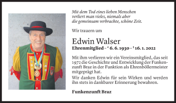 Todesanzeige von Edwin Walser von Vorarlberger Nachrichten