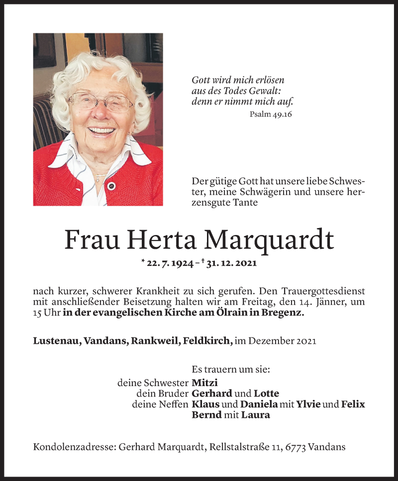  Todesanzeige für Herta Marquardt vom 11.01.2022 aus Vorarlberger Nachrichten