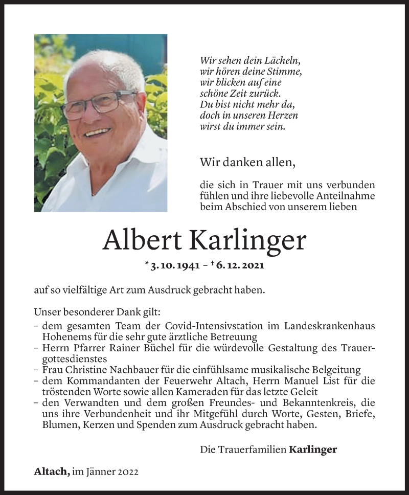  Todesanzeige für Albert Karlinger vom 06.01.2022 aus Vorarlberger Nachrichten