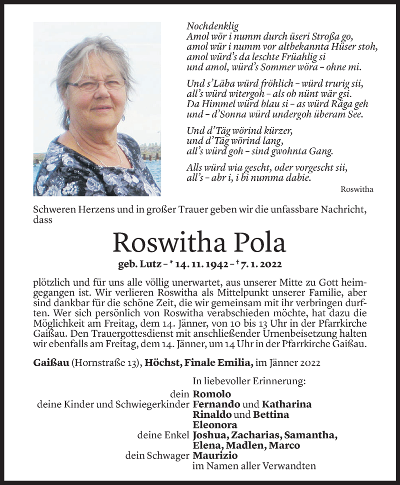  Todesanzeige für Roswitha Pola vom 11.01.2022 aus Vorarlberger Nachrichten