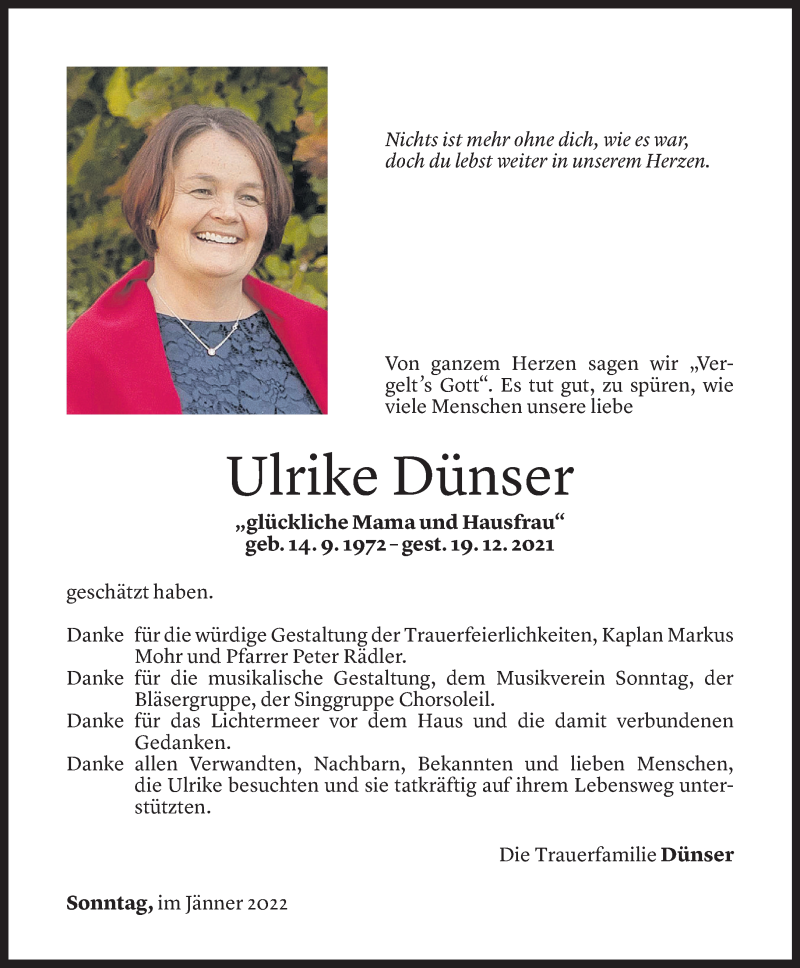  Todesanzeige für Ulrike Dünser vom 28.01.2022 aus Vorarlberger Nachrichten