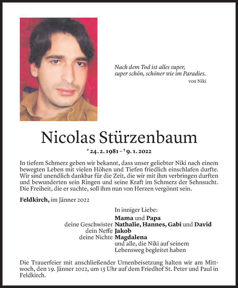  Todesanzeige für Nicolas Stürzenbaum vom 18.01.2022 aus Vorarlberger Nachrichten