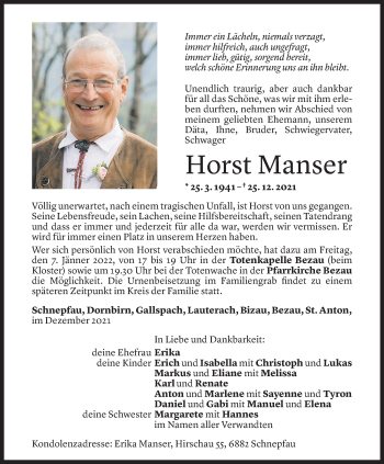 Todesanzeige von Horst Manser von Vorarlberger Nachrichten