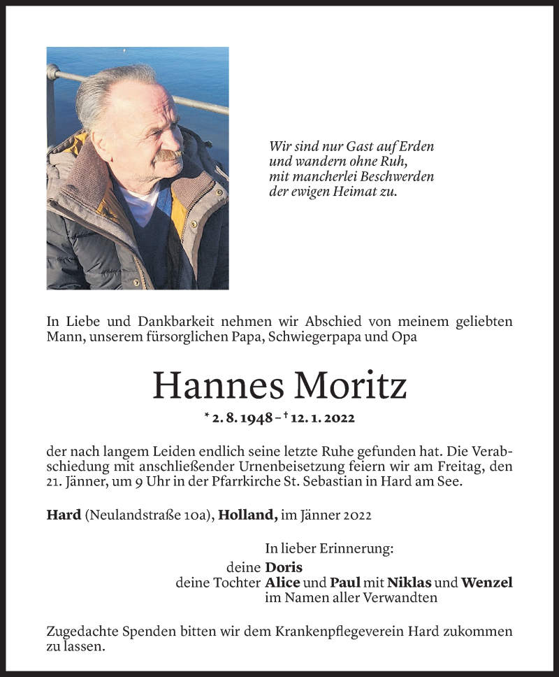  Todesanzeige für Hannes Moritz vom 18.01.2022 aus Vorarlberger Nachrichten